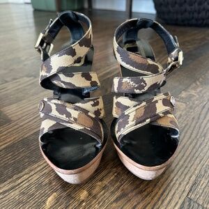 DIOR Christian Dior Paris "Initiales" Leopard Print Wooden Platform Sandal 37.5